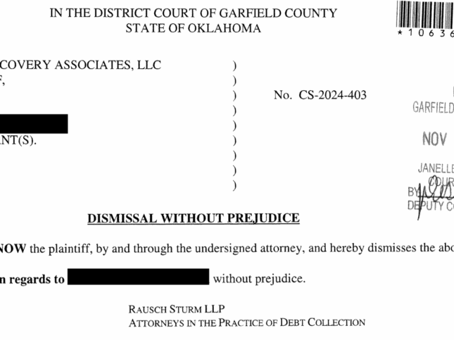 Redacted file-stamped court orders from Garfield County District Court showing Portfolio Recovery Associates, LLC voluntarily dismissed three separate debt collection lawsuits totaling over $24,500 after aggressive defense in 2025