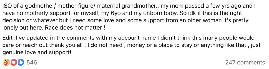 Screenshot of real Facebook post seeking a “mother figure” or “someone to talk to after losing my mom” – common emotional bait used in 2025 catfish and pig-butchering scams to groom victims for fake crypto investments