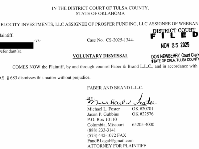 File-stamped dismissal order from Tulsa County District Court showing Velocity Investments, LLC voluntarily dismissed their $7,976.88 debt collection lawsuit against our client with prejudice in under 30 days.