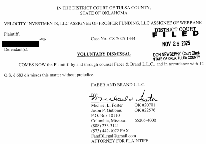 File-stamped dismissal order from Tulsa County District Court showing Velocity Investments, LLC voluntarily dismissed their $7,976.88 debt collection lawsuit against our client with prejudice in under 30 days.