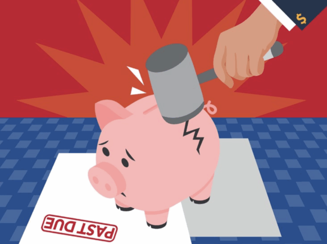 Illustration of a hand holding a hammer smashing a sad pink piggy bank on a "PAST DUE" notice, symbolizing financial distress from debt collectors.