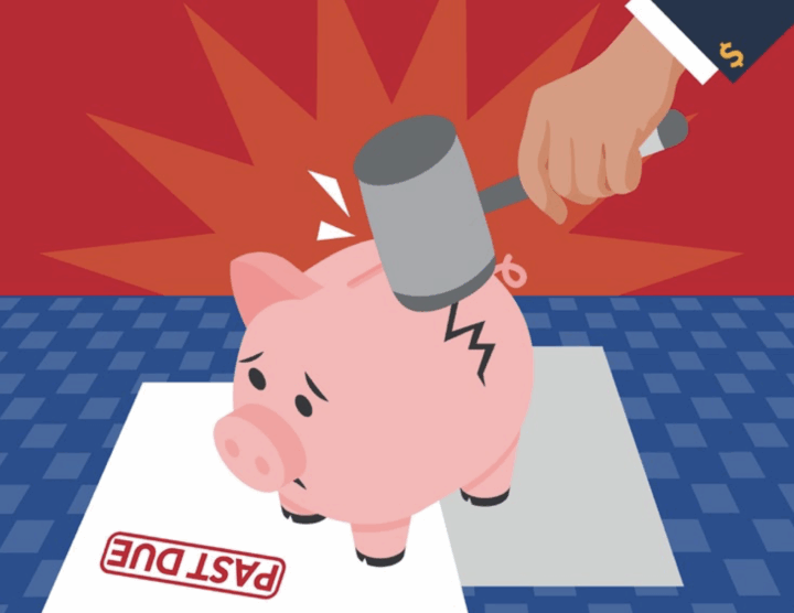 Illustration of a hand holding a hammer smashing a sad pink piggy bank on a "PAST DUE" notice, symbolizing financial distress from debt collectors.